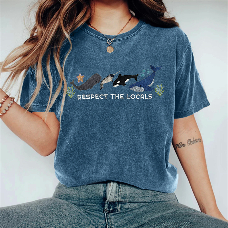 Respect The Locals Whales Embroidered Vintage Washed T Shirt
