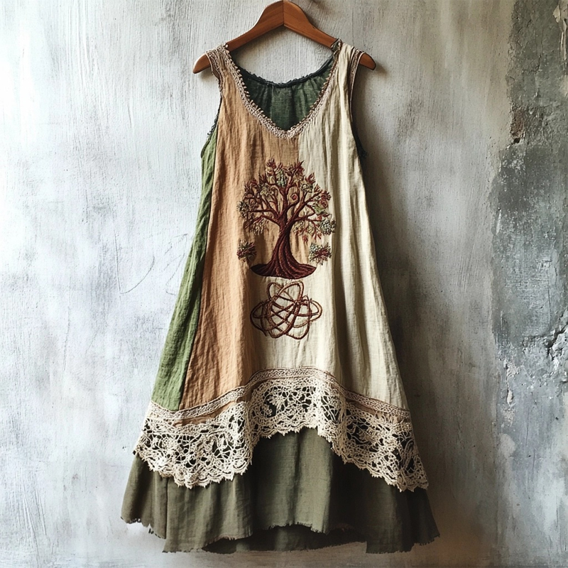 Viking Tree Of Life Embroidered Lace Patchwork Linen Dress