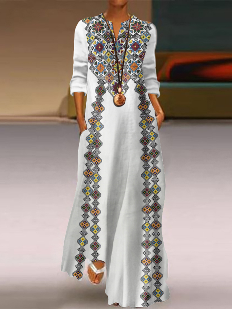 Vintage Ukraine Embroidered Art Print V-neck Casual Maxi Dress