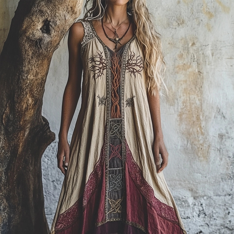 Vintage Viking Tree Of Life Embroidered Patchwork Linen Dress