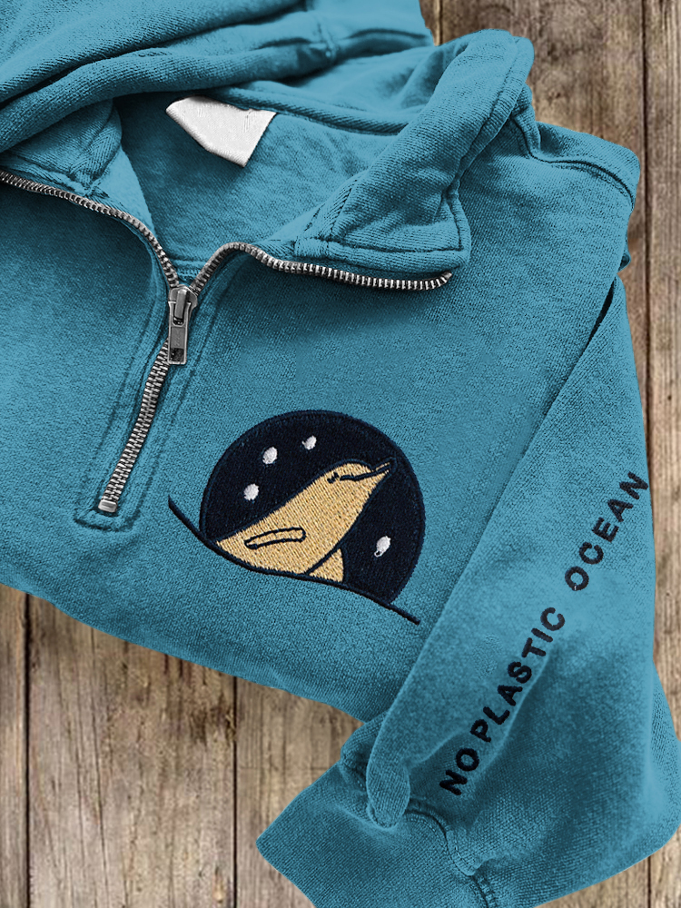 No Plastic Ocean Embroidered Casual Women's Zip-up Sweatshirt