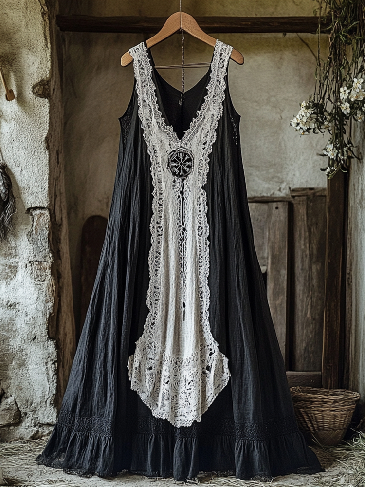 Viking Vegvisir Embroidered Lace Contrast Linen Tank Dress