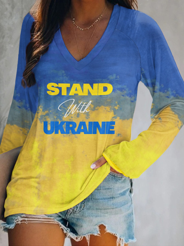 Women's Stand Whit Ukrane Ukrainian Flag Color V-neck T-shirt