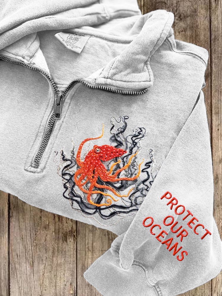 Protect Our Oceans Octopus Embroidery Half-zip Sweatshirt