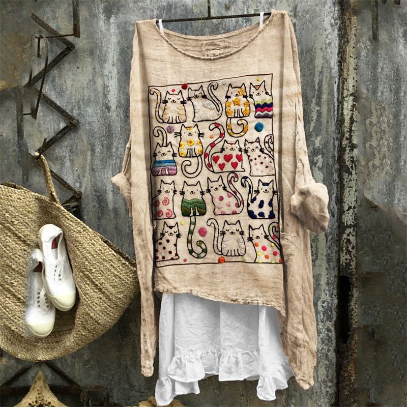 Colorful Cats Embroidered Art Linen Blend Tunic