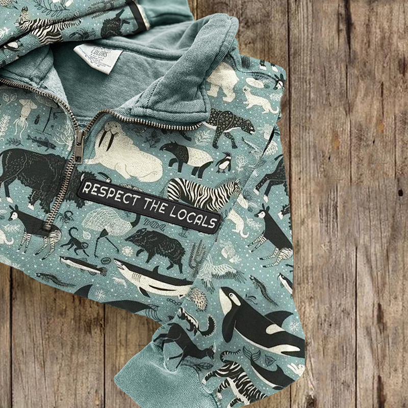 Respect The Locals Embroidered Animals Pattern Zip Up Sweatshirt