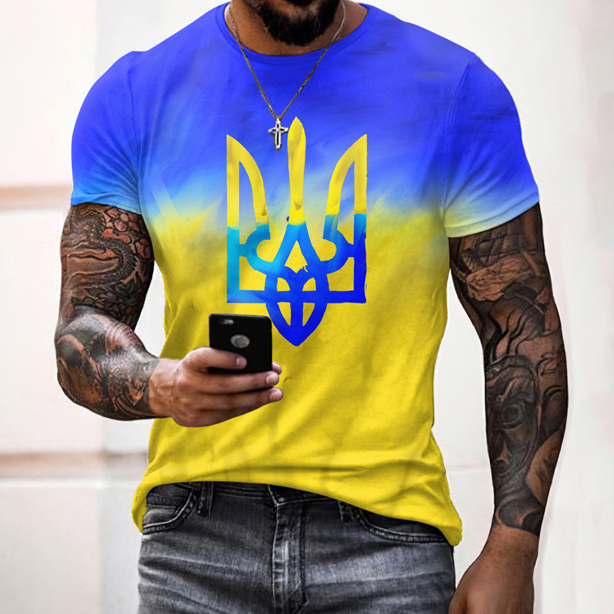 Men's I Stand With Ukraine Color Block Print Casual T-shirt