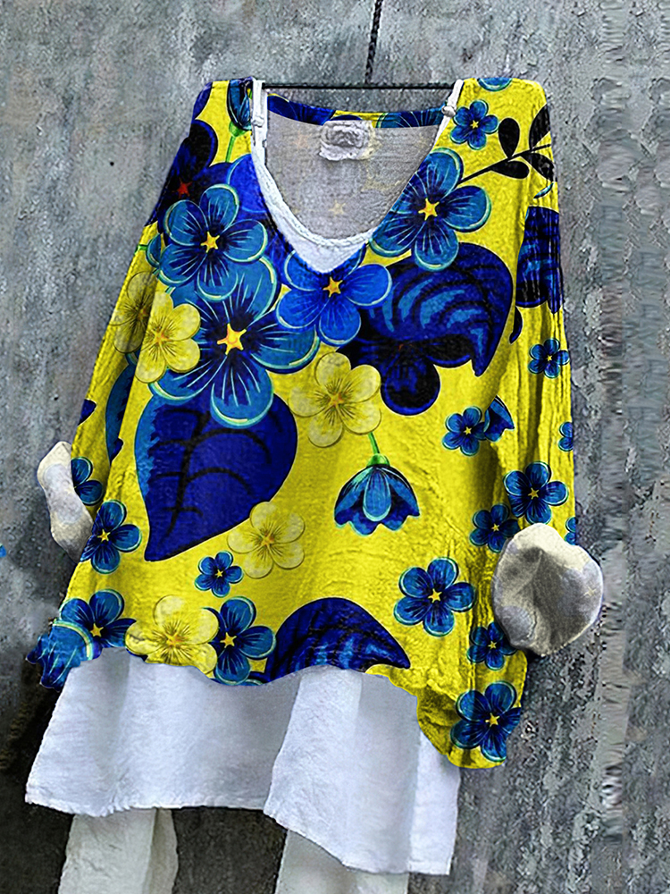 Ukrainian Floral Stop Ukr War Print Linen Women's V-neck Shirt