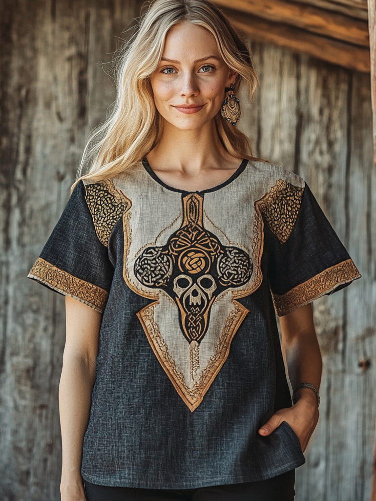 Women's Viking Skull Celtic Knot Art Linen T-shirt