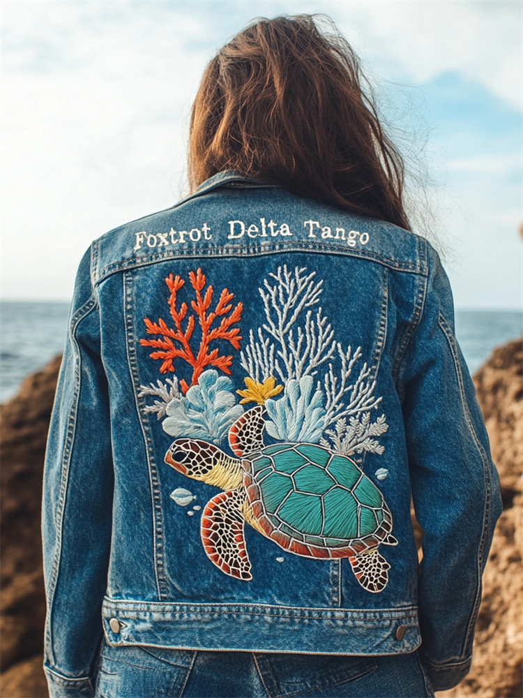 Foxtrot Data Tango Gulf Of Mexico Turtle Coral Embroidered Denim Jacket