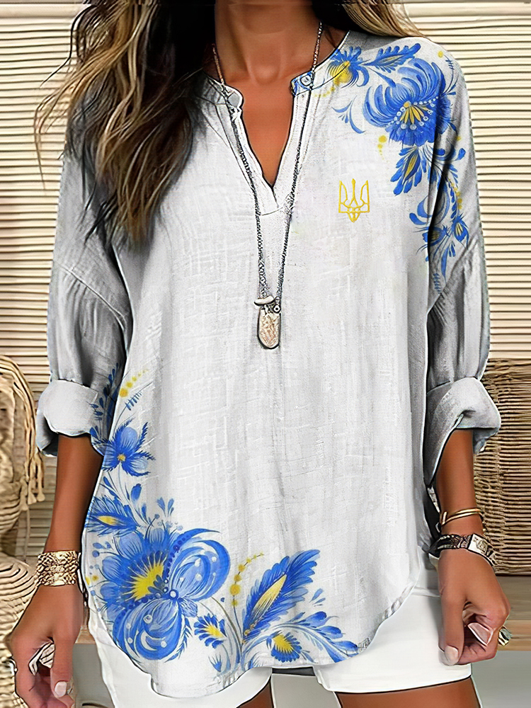 Women's Ukrainian Trident Flower Art Linen V-neck Shirt