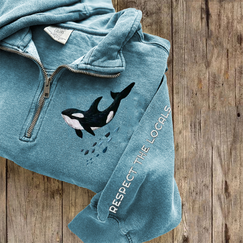Respect The Locals Killer Whale Embroidered Zip Up Sweatshirt