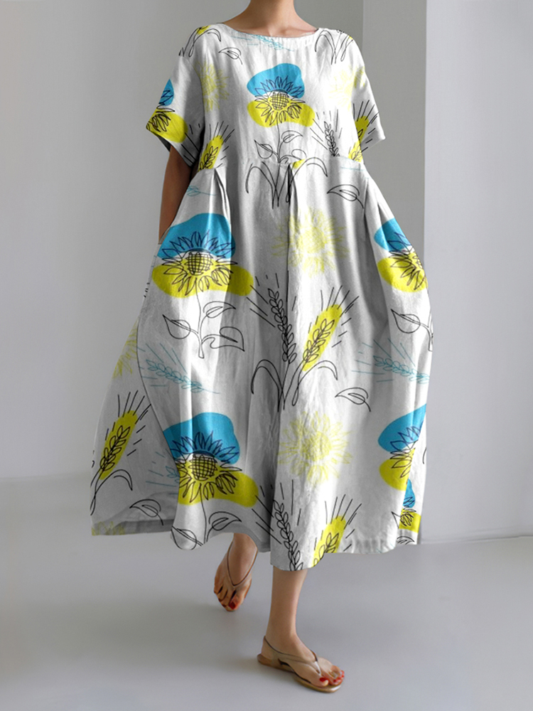 Vintage Ukrainian In Floral Stop Ukr War Pattern Linen Blend Dress