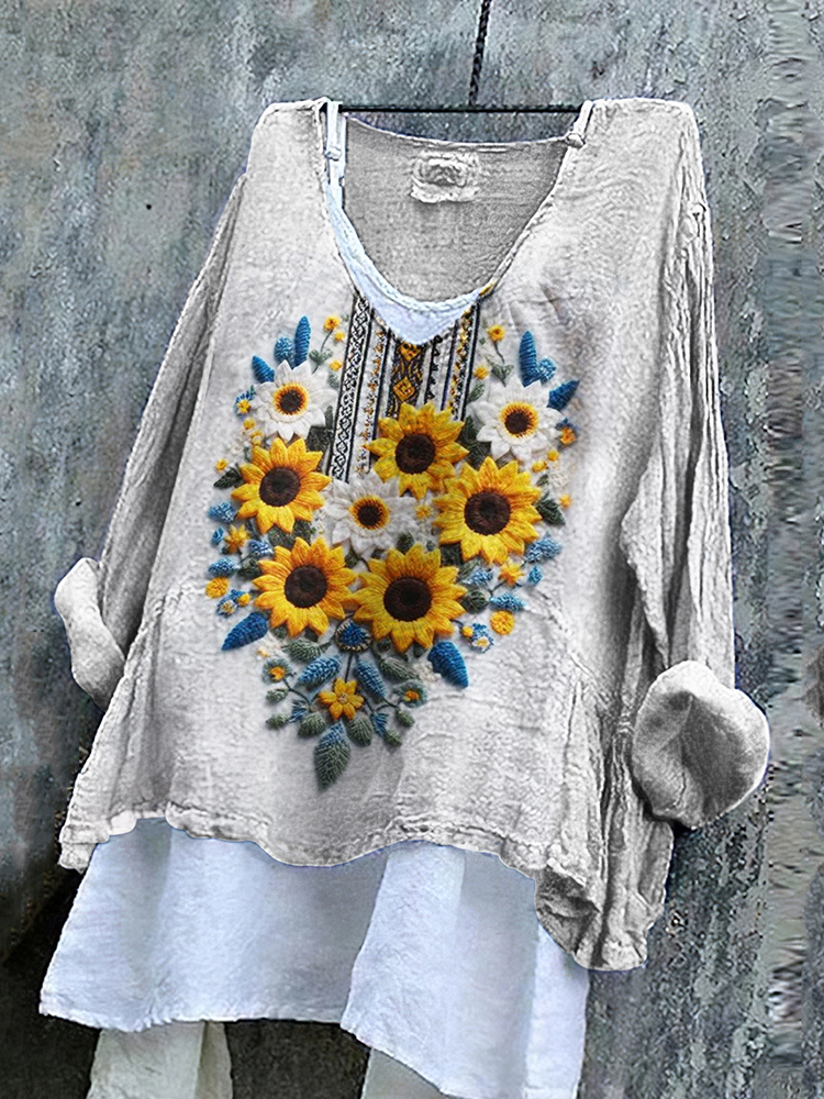 Ukrainian Flag In Floral Embroidered Stop Ukr War Print Linen Women's V-neck Shirt