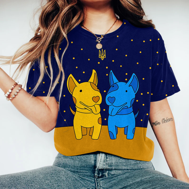Women's Ukraine Flag Dog Print Crew Neck Casual T-shirt