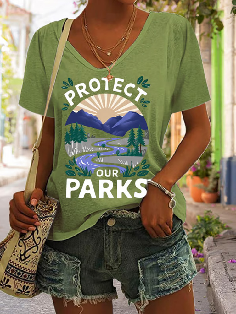 Women's Protect Our National Parks Print V Neck Casual T-shirt