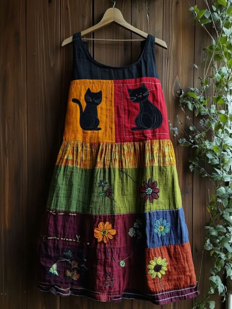 Vintage Black Cat Peeking With Floral Patchwork Art Linen Tank Dress