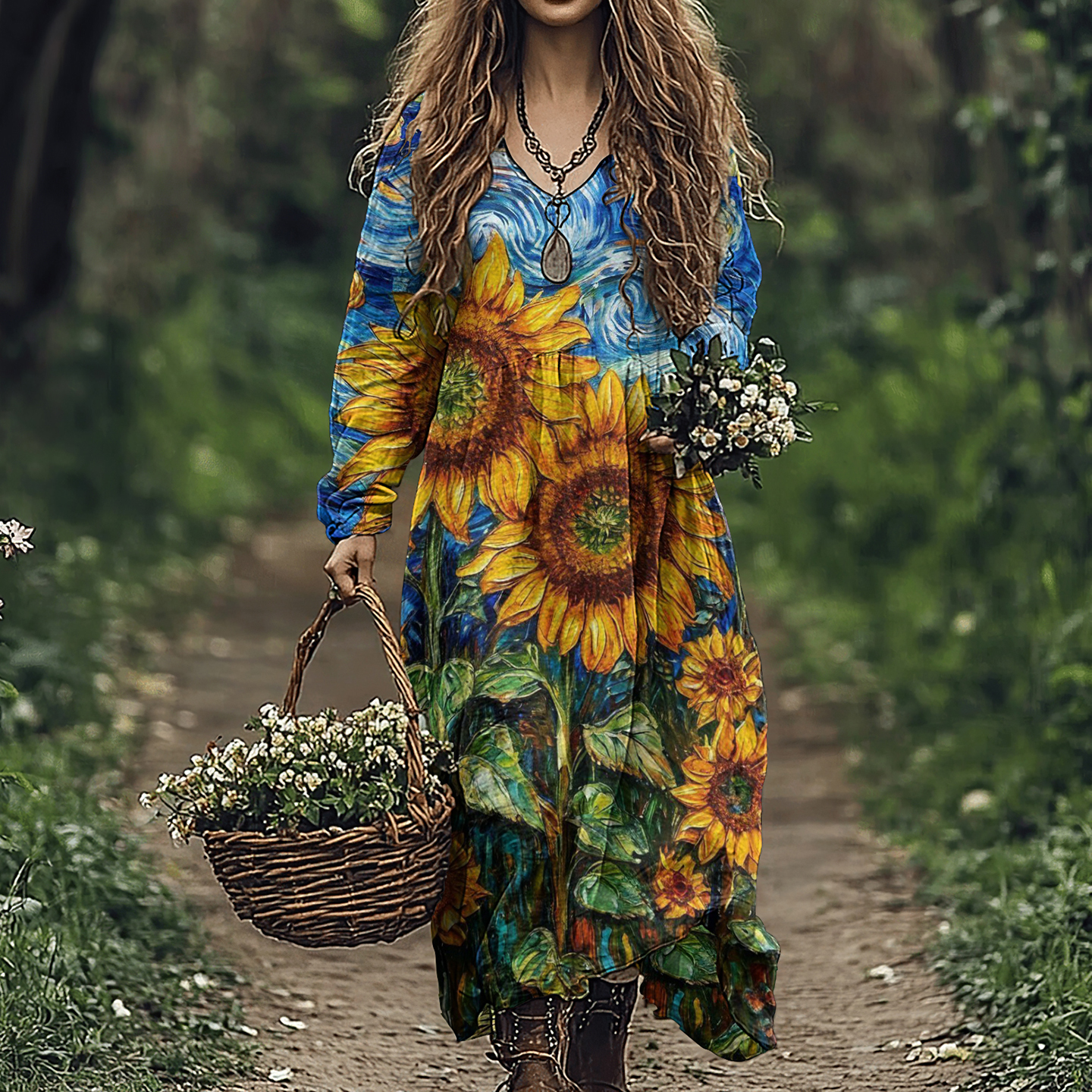 Vintage Ukrainian Sunflower Floral Linen V-neck Dress