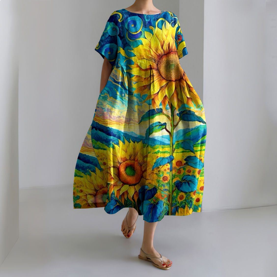 Vintage Ukrainian Sunflower Floral Linen Crew Neck Dress