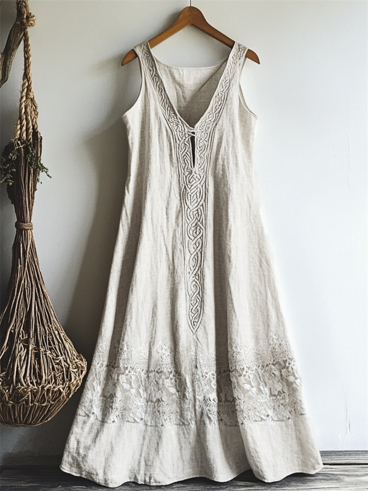 Vintage Celtic Knot Lace Patchwork Linen Tank Dress