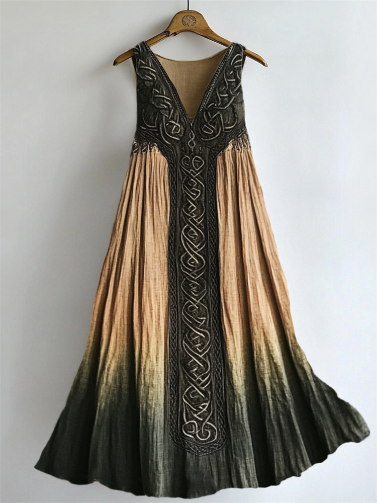 Vintage Celtic Contrast Forest Gradient Flowy Linen Dress