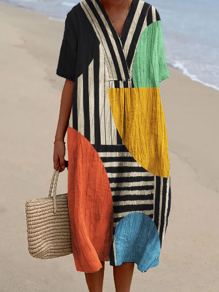 Colorblock Geometric Art Striped Flowy Linen Blend Dress