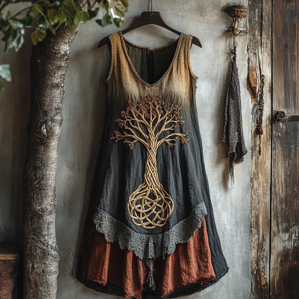 Viking Tree Of Life Lace Gradient Art Linen Tank Dress