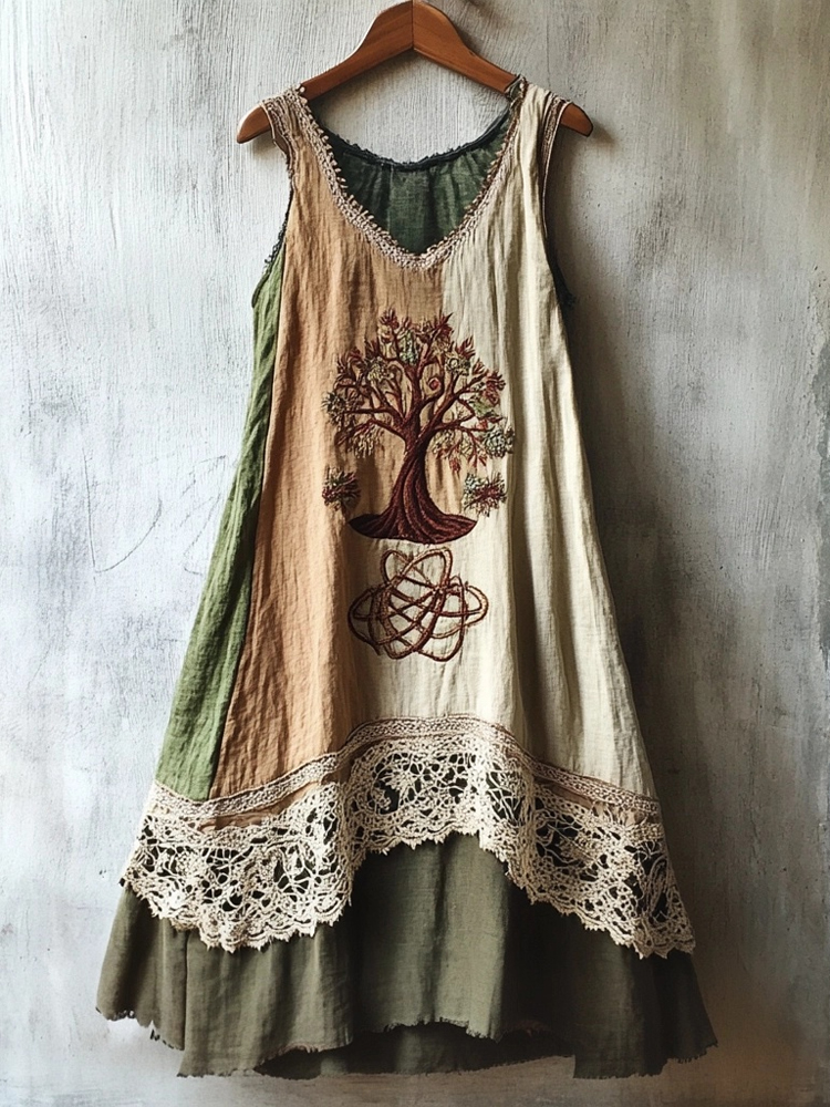 Viking Tree Of Life Embroidered Lace Patchwork Linen Dress