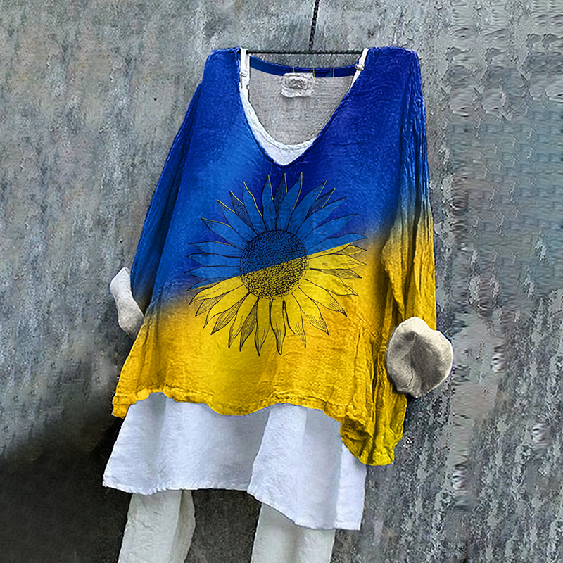 Ukrainian Sunflower Stop Ukr War Print Linen Women's V-neck Shirt