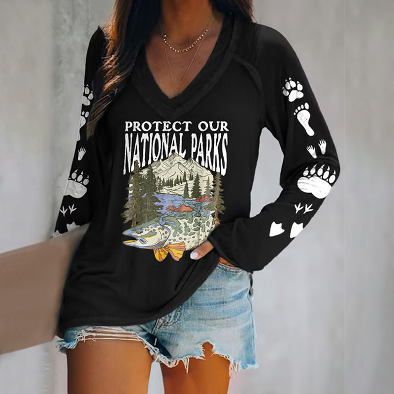 Women's Protect Our National Parks Print V Neck T-shirt