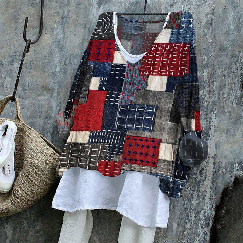 Japanese Sashiko Art Stitched Linen Blend Tunic