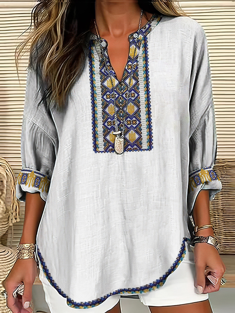 Women's Ukrainian Trident Embroidered Linen V-neck Shirt