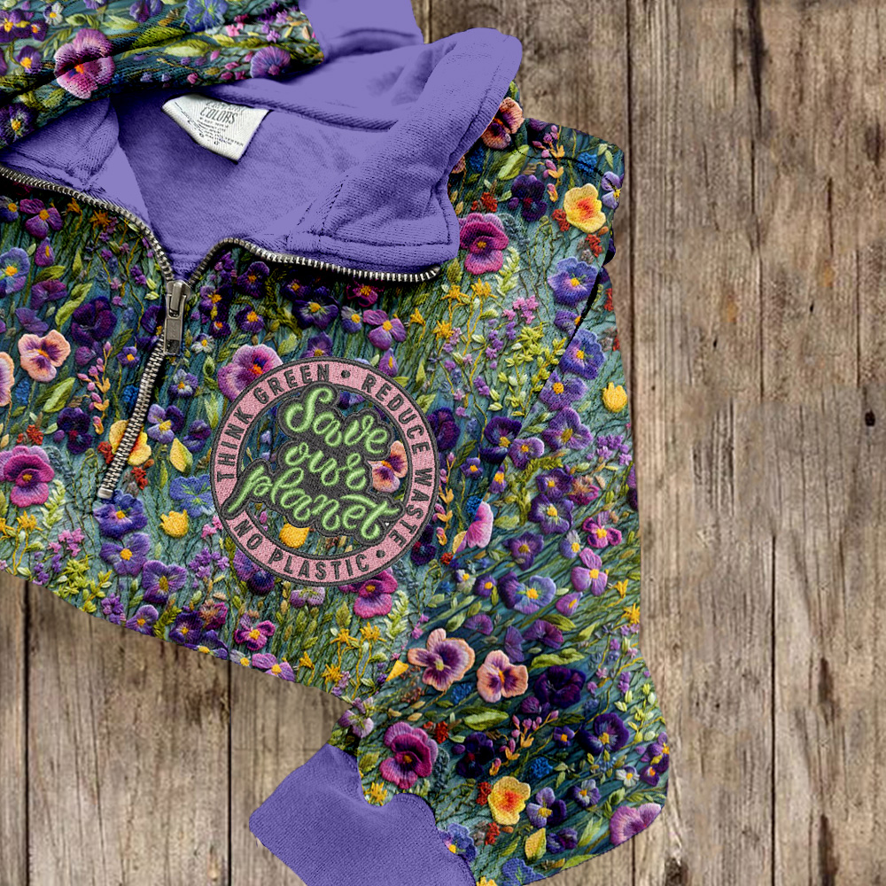 Save Our Planet Violet Wildflower Embroidered Zip Up Sweatshirt