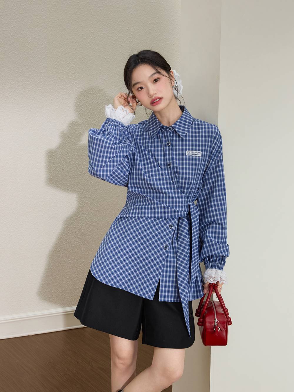 Plaid Tie Waist Blouse