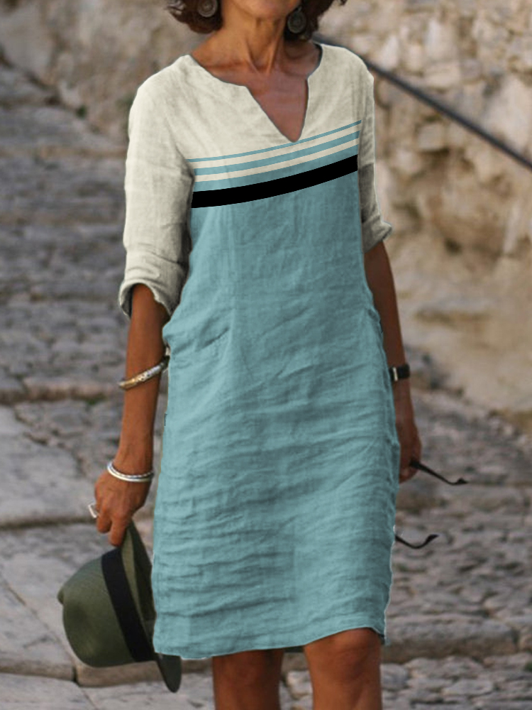 Classy Morandi Colorblock Notch Neck Midi Dress