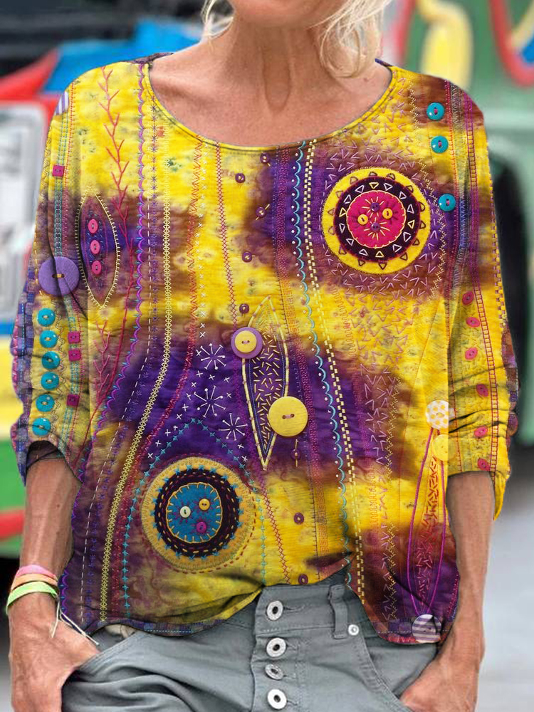 Button Embroidered Floral Women's Vintage Linen Shirt