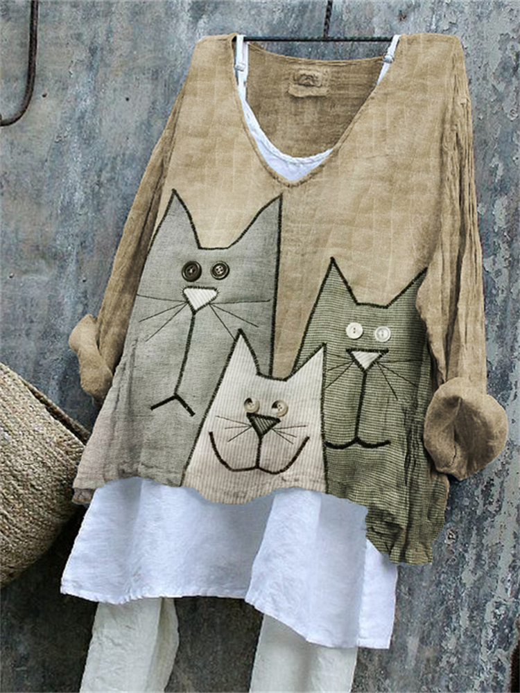 Lovely Cats Patchwork Fiber Art Linen Blend Tunic