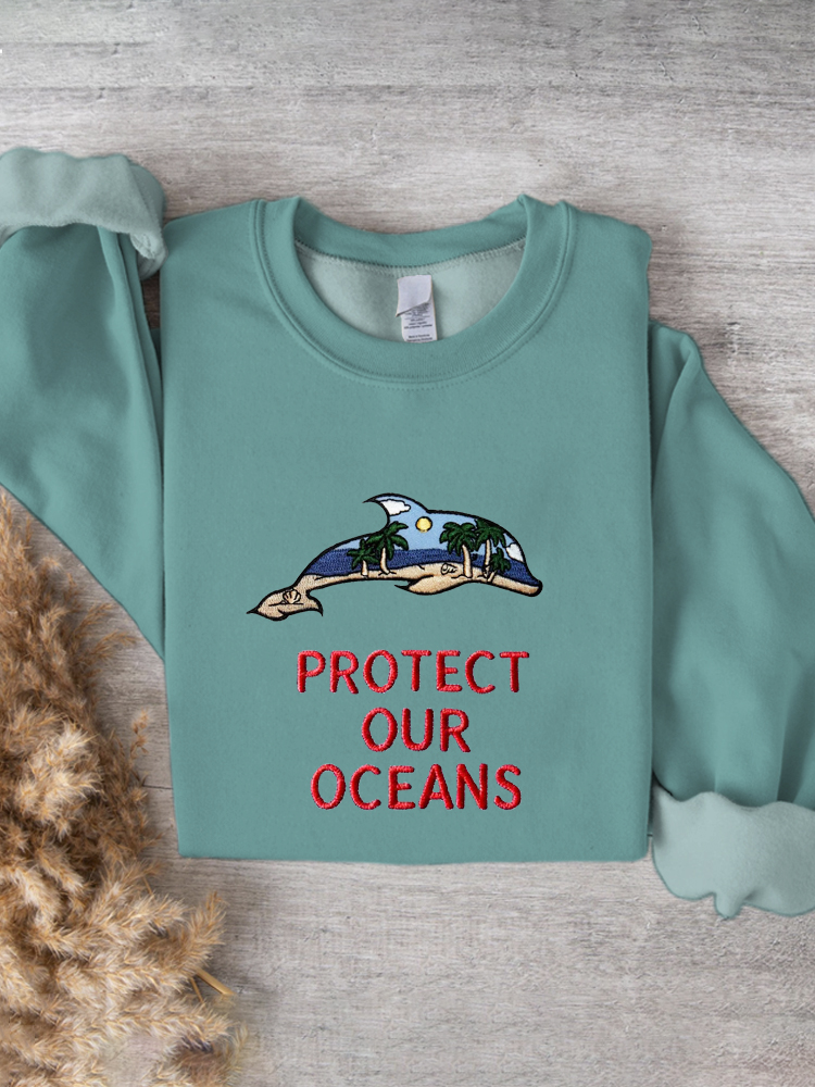Eco Dolphin Embroidery Women's Crew Neck Sweatshirt