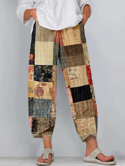 Vintage Japanese Style Patchwork Cropped Casual Pants