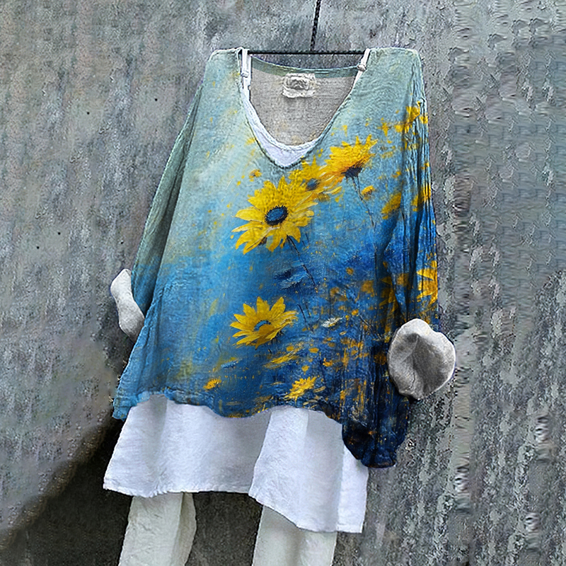 Ukrainian Flag In Floral Oil Art Stop Ukr War Print Linen Women's V-neck Shirt