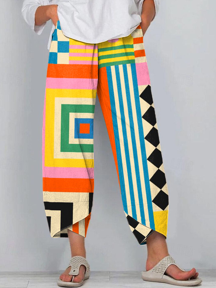 Women's Abstract Art Geometric Pattern Linen Blend Pants