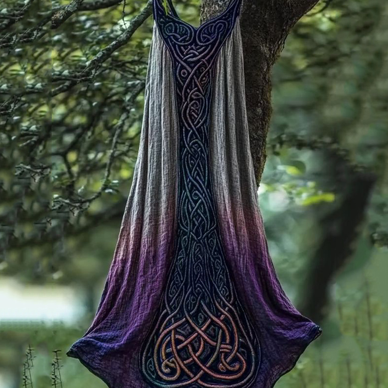 Vintage Viking Celtic Purple Gradient  Linen Midi Dress