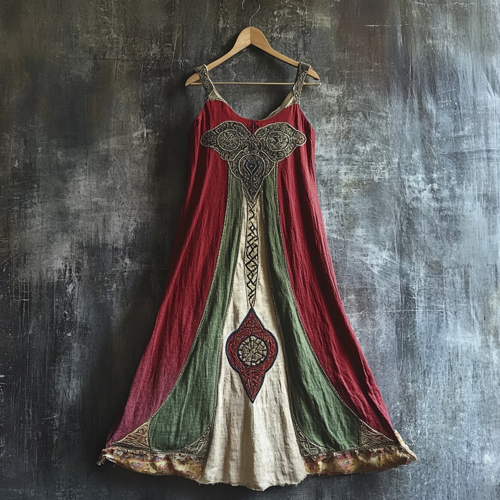 Celtic Totem Printed Vintage Linen Halter Dress