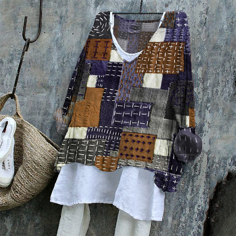 Japanese Sashiko Art Stitched Linen Blend Tunic