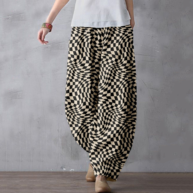 Wavy Checkerboard Pattern Linen Blend Comfy Pants
